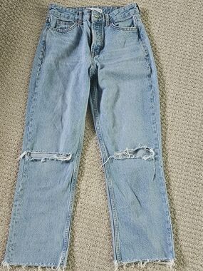 Zara Light Blue Straight Leg Ripped Knee Jeans